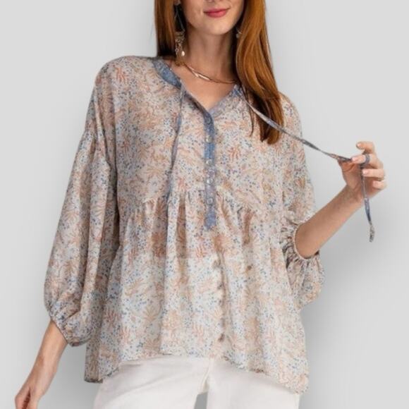 Easel Los Angeles Boho Babydoll Sheer Oversized Peasant Top Small - Picture 1 of 8